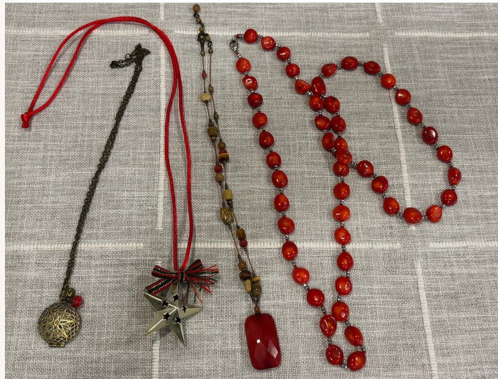 Lot of 4 Vintage Costume Necklaces, Red Coral-Style Beads, Filigree Locket, Star